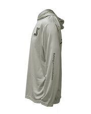 Detalle de la capucha y tejido UPF50+ de la camiseta YKR Kisu gris