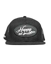 YKR Happy black fishing cap with flat brim and mesh back panels.