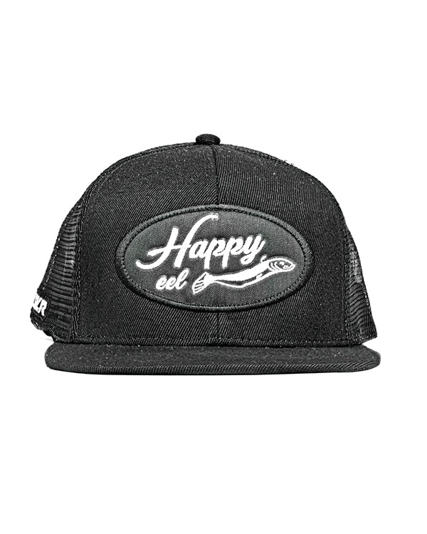 YKR Happy black fishing cap with flat brim and mesh back panels.