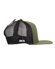 Side view of the YKR Green fishing cap with mesh panels.