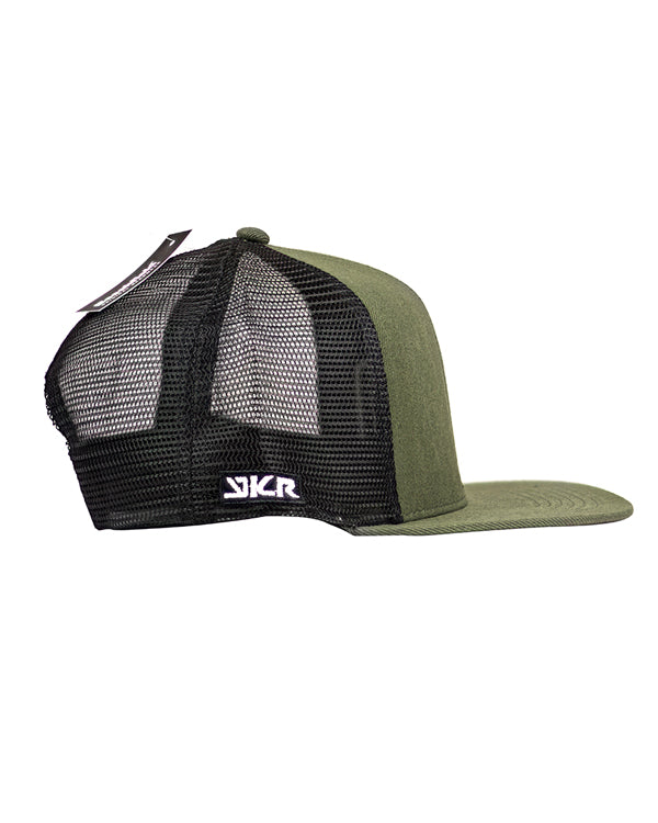 Side view of the YKR Green fishing cap with mesh panels.