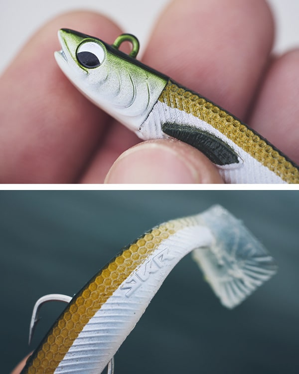 Señuelo Kisu Shad 90 mm 20 g de YKR en acción de pesca, movimiento natural tipo pez pasto en el agua.