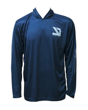 Detalle de la capucha y tejido técnico de la camiseta YKR Blanks UPF50+ Navy Blue.
