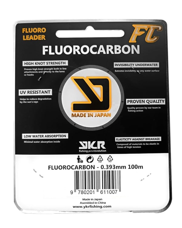 YKR FC Shock Leader Fluorocarbon 0.393 mm 100 m with 10.50 kg strength.
