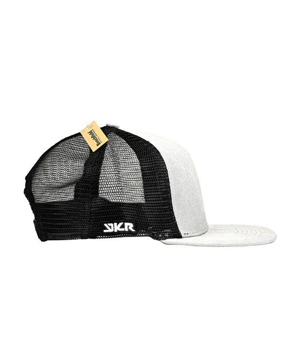 Side view of the YKR Grey fishing cap with mesh side panels.