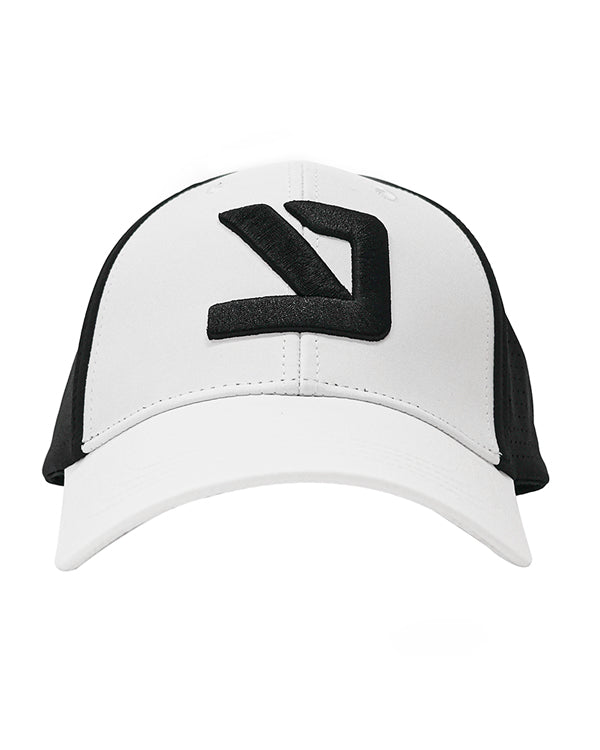 YKR white fishing cap with curved visor and front logo.