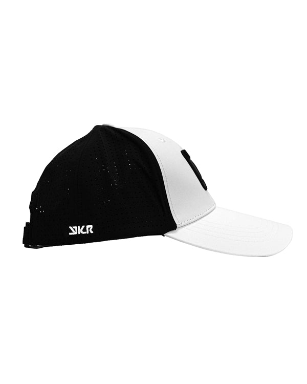 Side view of YKR white fishing cap with breathable mesh panels.