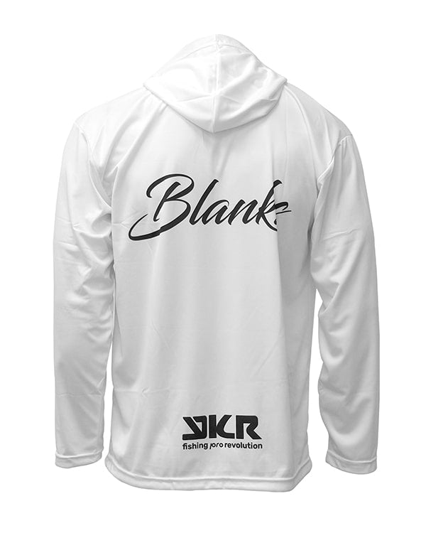 Back view of YKR Blanks UPF50+ White fishing hoodie